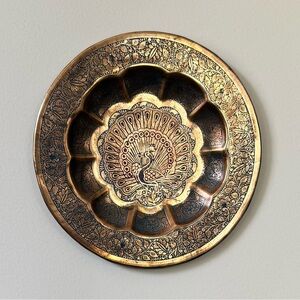 Vintage bohemian brass peacock tray or wall hanging.